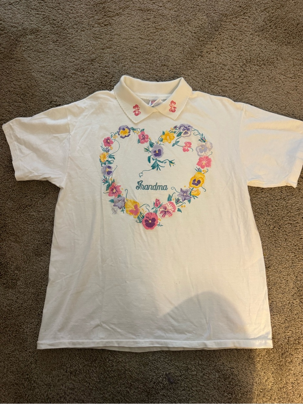 Vintage Grandma Floral Heart White Polo Tee Large
